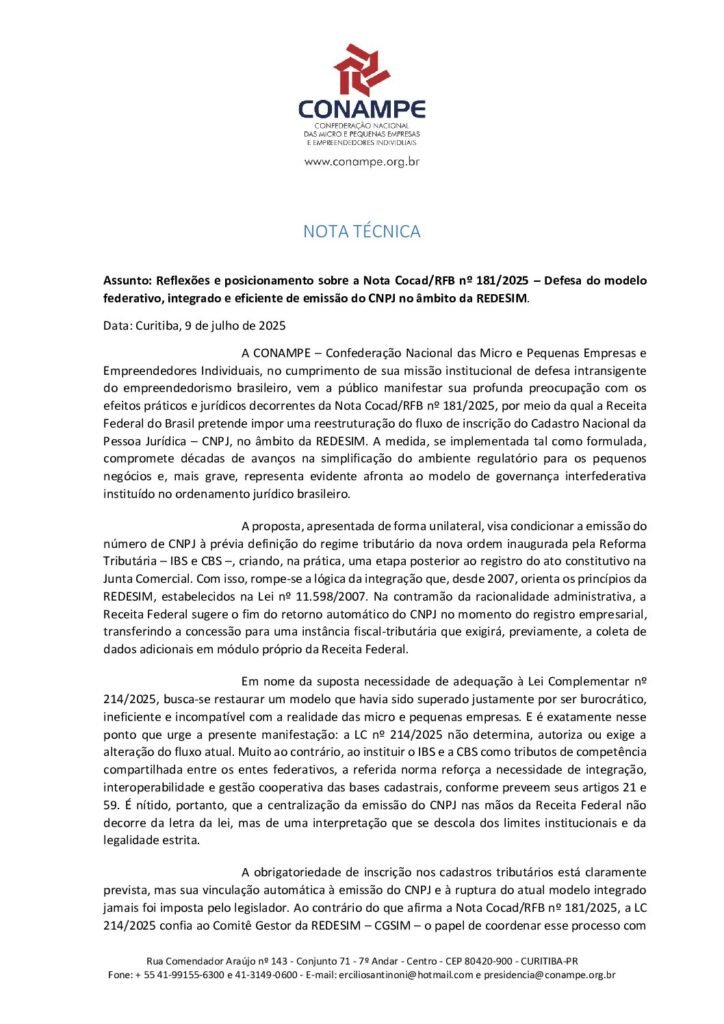 Posicionamento da conampe sobre alterações no fluxo de emissão de cnpj 1 Nota tecnica conampe nt 181. 2025 receita federal 1 pdf
